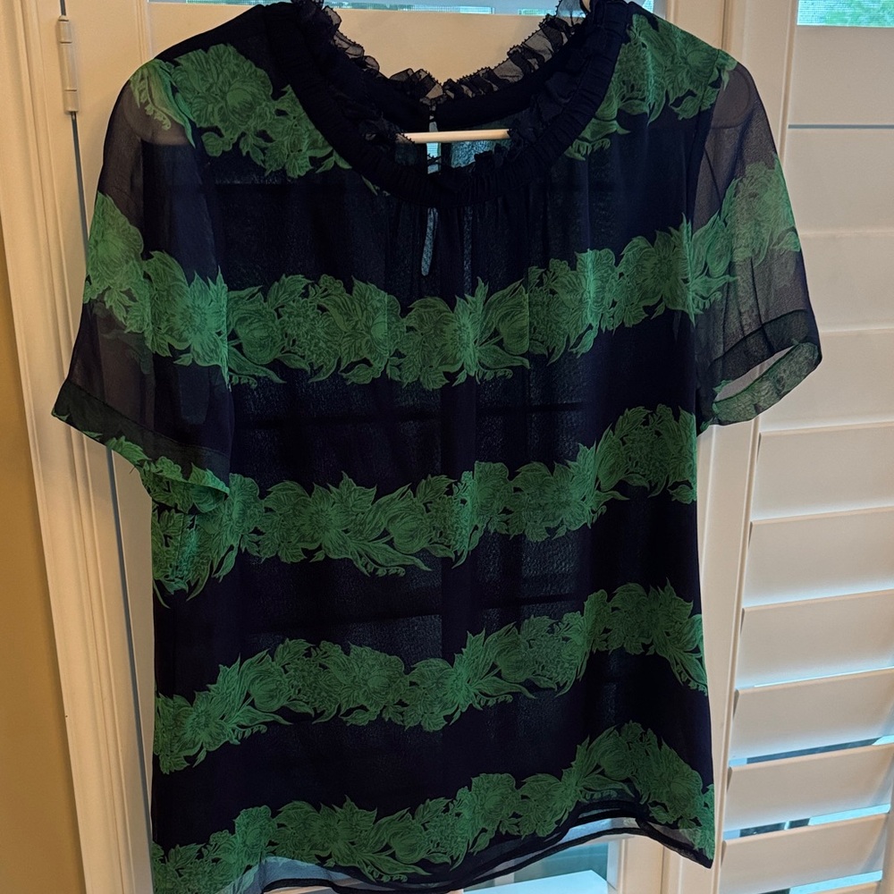 J. Crew Sheer Black Blouse with Green Floral Stripes